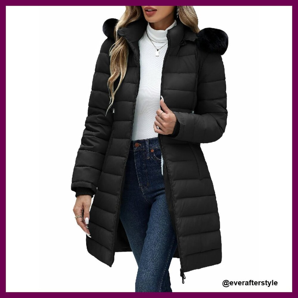 Winter Puffer Coat Fleece Lined Down Jacket Hooded Parka Slim Fit Chic